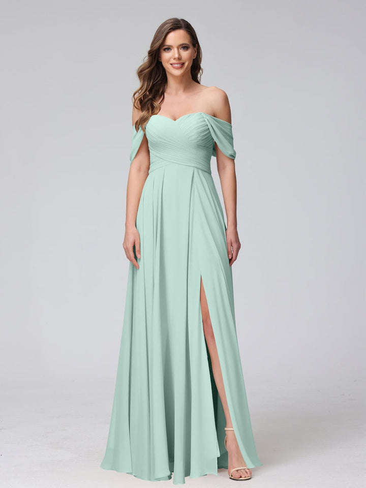 Ligne A/Princesse Hors de l'épaule Sans Manches La Longueur du Sol Bridemaid Robes avec Côté Divisé & Ruché