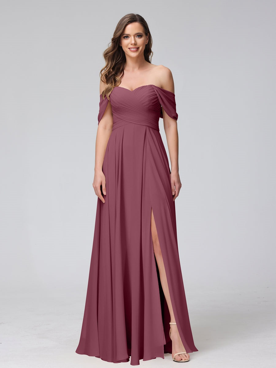 Ligne A/Princesse Hors de l'épaule Sans Manches La Longueur du Sol Bridemaid Robes avec Côté Divisé & Ruché