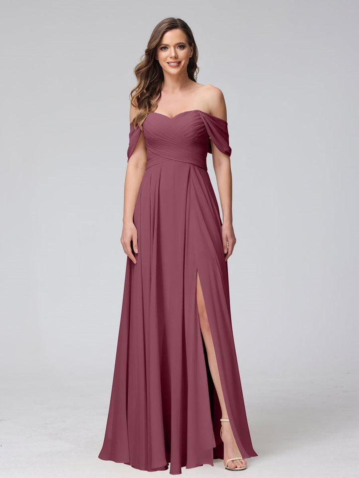 Ligne A/Princesse Hors de l'épaule Sans Manches La Longueur du Sol Bridemaid Robes avec Côté Divisé & Ruché