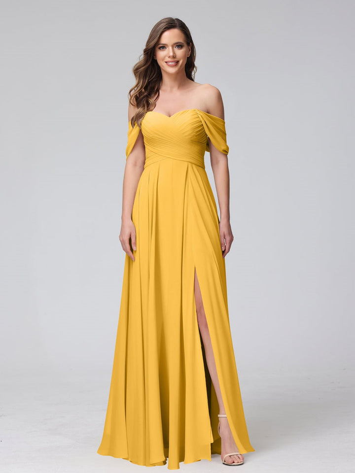 Ligne A/Princesse Hors de l'épaule Sans Manches La Longueur du Sol Bridemaid Robes avec Côté Divisé & Ruché