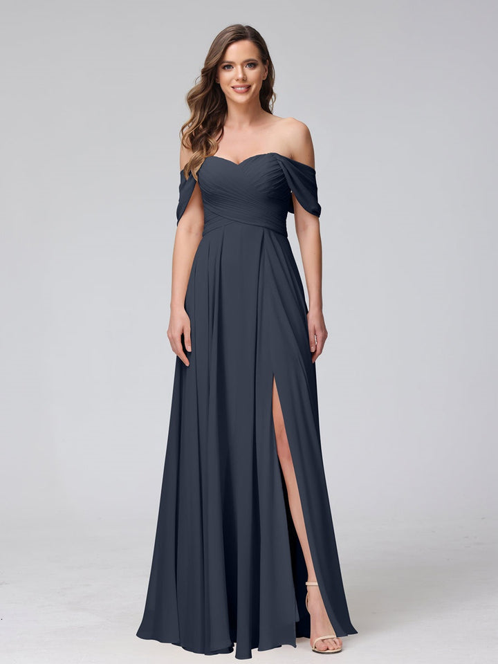 Ligne A/Princesse Hors de l'épaule Sans Manches La Longueur du Sol Bridemaid Robes avec Côté Divisé & Ruché