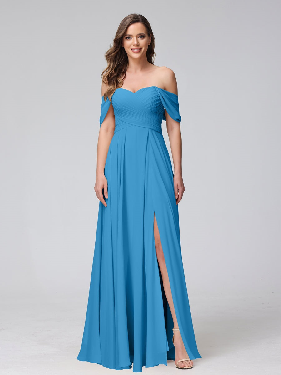 Ligne A/Princesse Hors de l'épaule Sans Manches La Longueur du Sol Bridemaid Robes avec Côté Divisé & Ruché