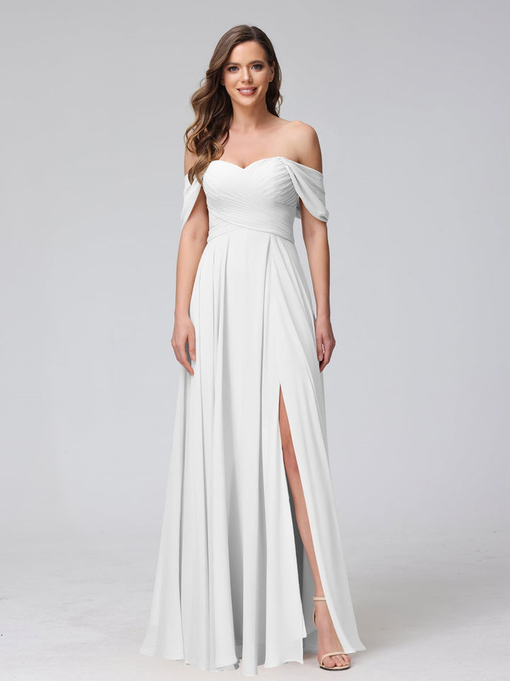 Ligne A/Princesse Hors de l'épaule Sans Manches La Longueur du Sol Bridemaid Robes avec Côté Divisé & Ruché