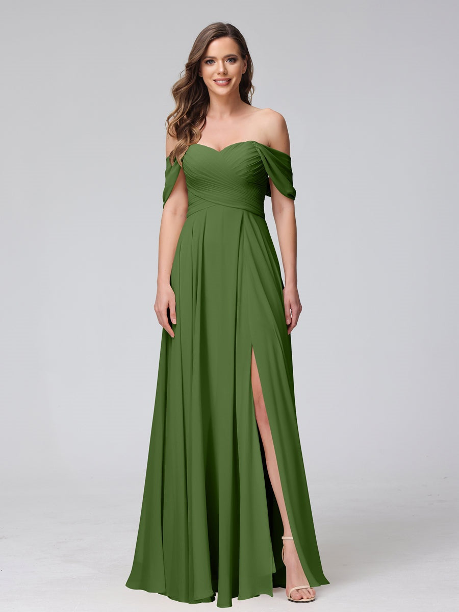 Ligne A/Princesse Hors de l'épaule Sans Manches La Longueur du Sol Bridemaid Robes avec Côté Divisé & Ruché