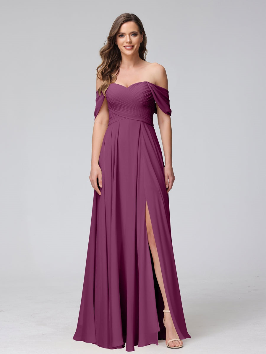 Ligne A/Princesse Hors de l'épaule Sans Manches La Longueur du Sol Bridemaid Robes avec Côté Divisé & Ruché