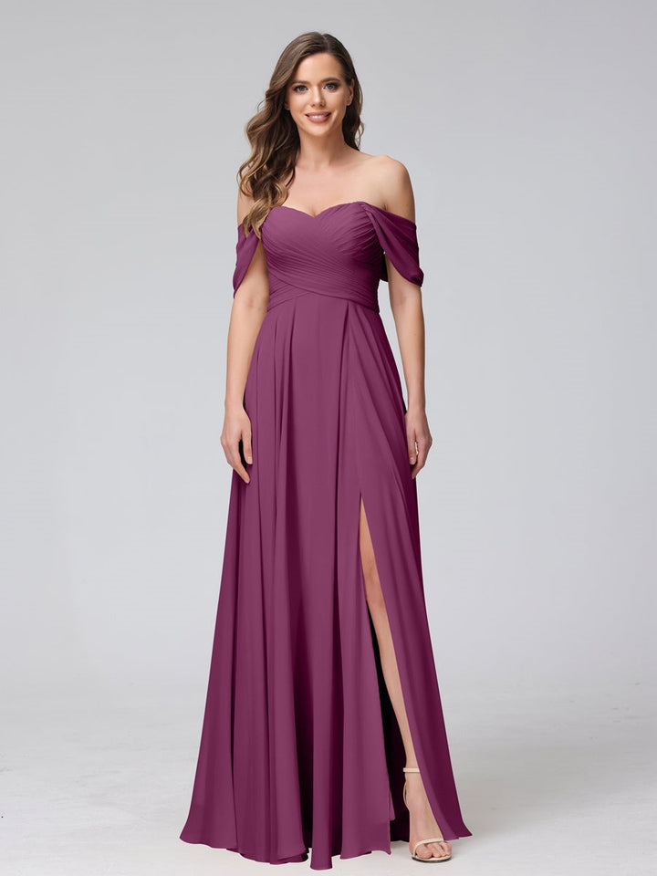 Ligne A/Princesse Hors de l'épaule Sans Manches La Longueur du Sol Bridemaid Robes avec Côté Divisé & Ruché