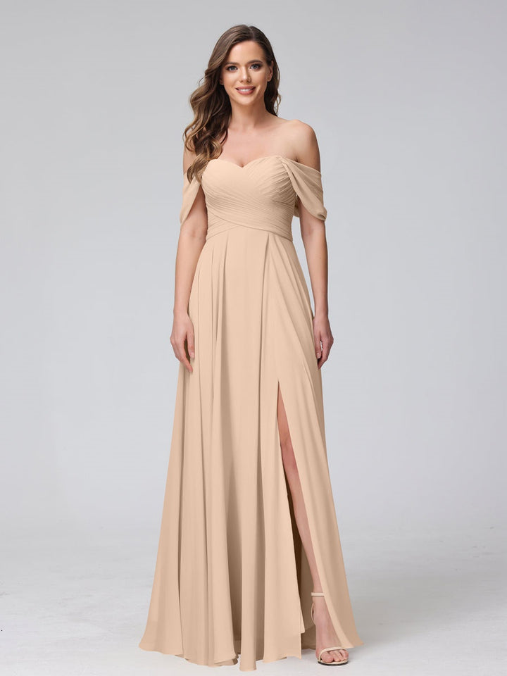 Ligne A/Princesse Hors de l'épaule Sans Manches La Longueur du Sol Bridemaid Robes avec Côté Divisé & Ruché