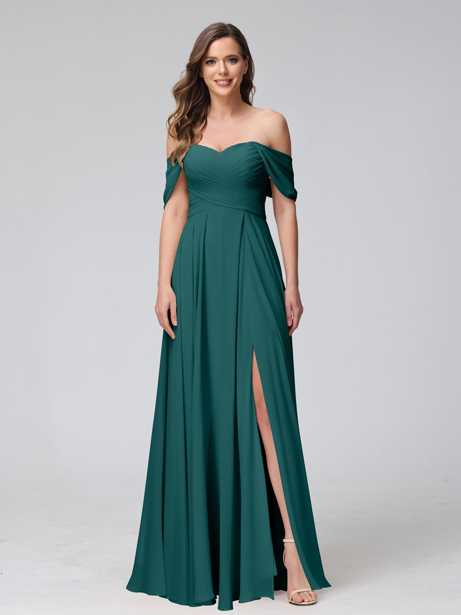 Ligne A/Princesse Hors de l'épaule Sans Manches La Longueur du Sol Bridemaid Robes avec Côté Divisé & Ruché