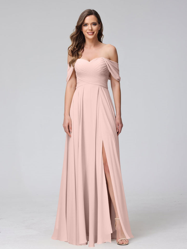 Ligne A/Princesse Hors de l'épaule Sans Manches La Longueur du Sol Bridemaid Robes avec Côté Divisé & Ruché
