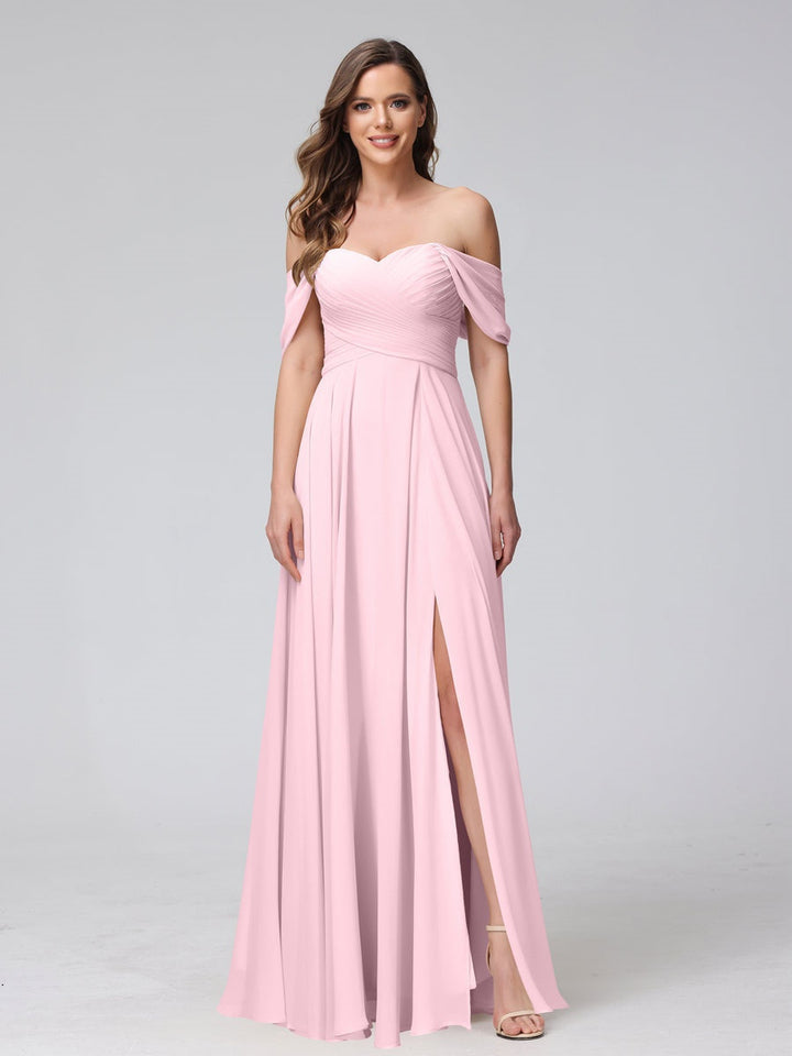 Ligne A/Princesse Hors de l'épaule Sans Manches La Longueur du Sol Bridemaid Robes avec Côté Divisé & Ruché