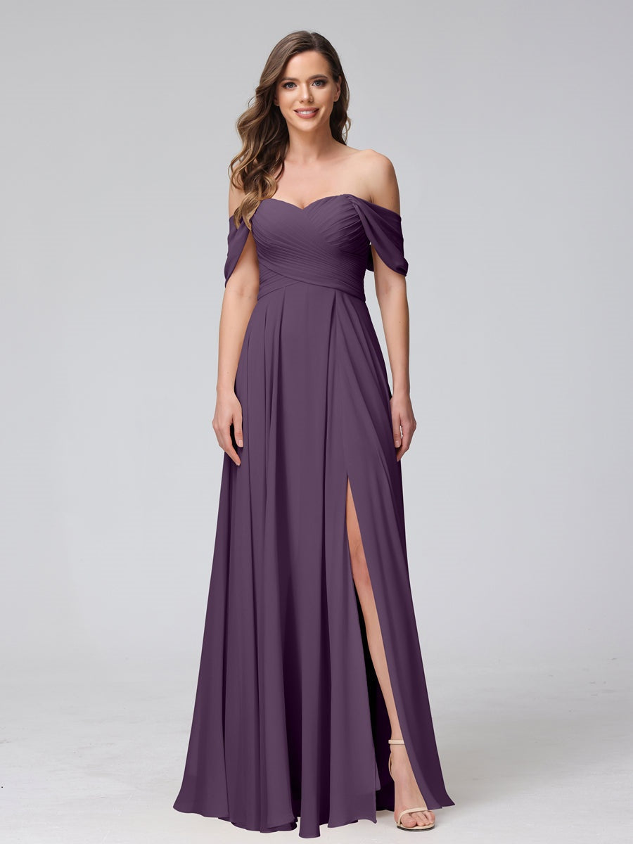 Ligne A/Princesse Hors de l'épaule Sans Manches La Longueur du Sol Bridemaid Robes avec Côté Divisé & Ruché