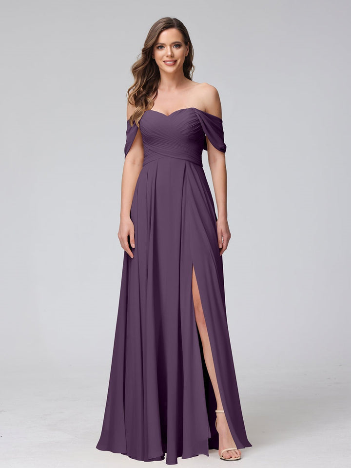 Ligne A/Princesse Hors de l'épaule Sans Manches La Longueur du Sol Bridemaid Robes avec Côté Divisé & Ruché
