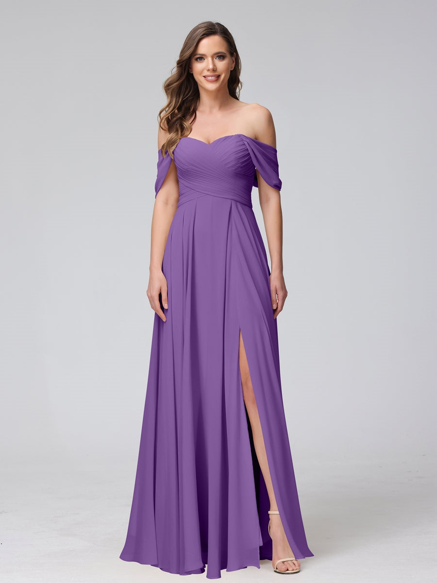 Ligne A/Princesse Hors de l'épaule Sans Manches La Longueur du Sol Bridemaid Robes avec Côté Divisé & Ruché