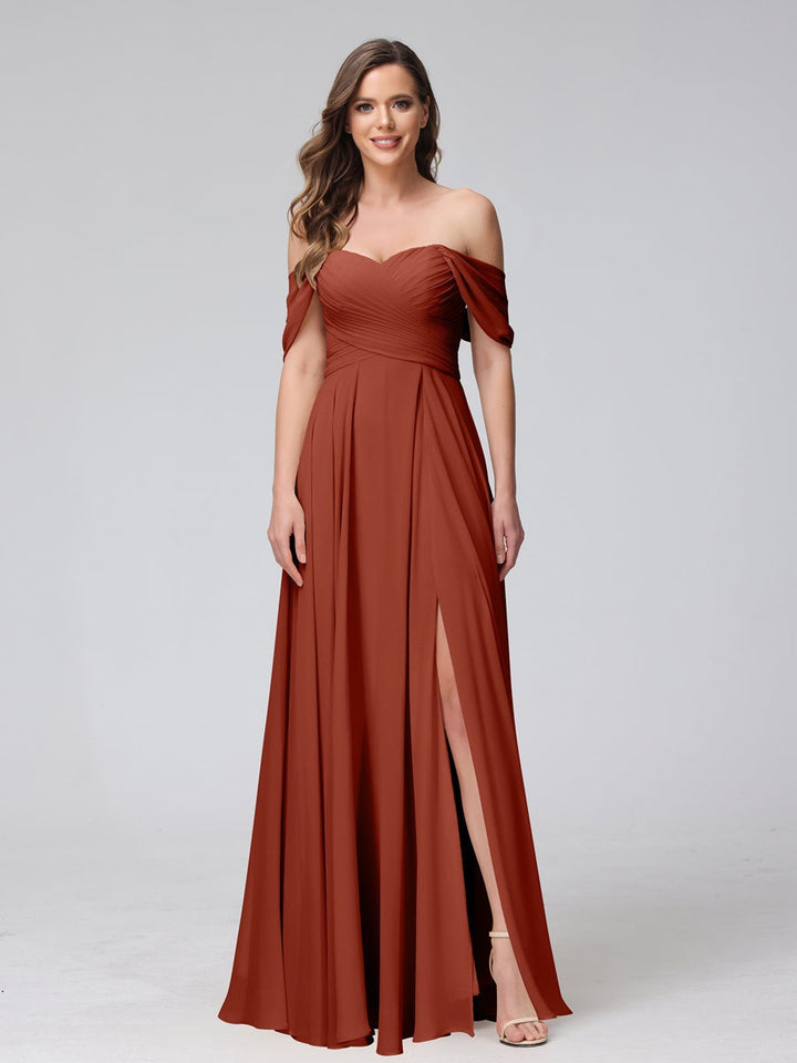 Ligne A/Princesse Hors de l'épaule Sans Manches La Longueur du Sol Bridemaid Robes avec Côté Divisé & Ruché