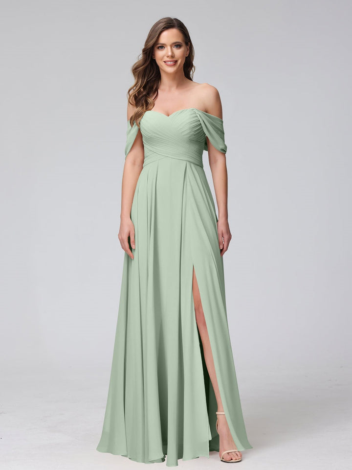 Ligne A/Princesse Hors de l'épaule Sans Manches La Longueur du Sol Bridemaid Robes avec Côté Divisé & Ruché