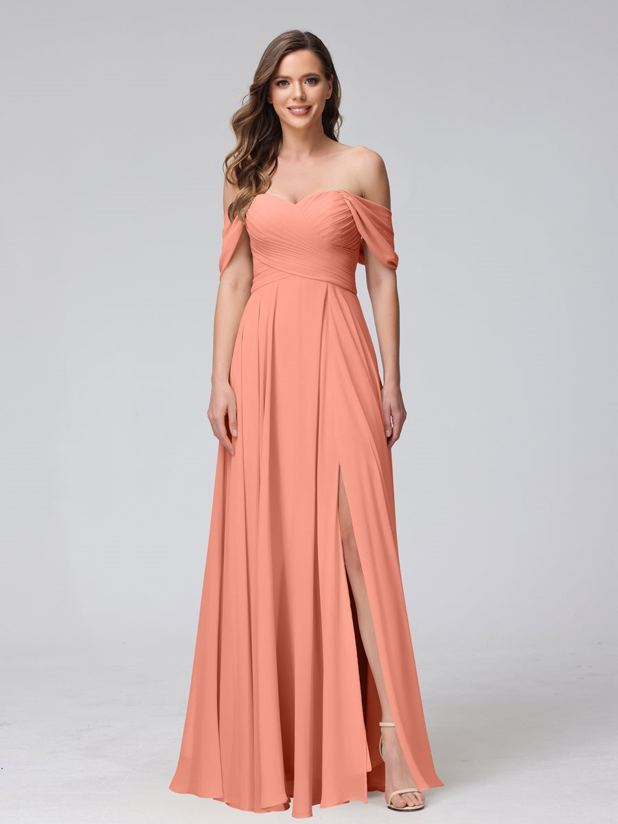Ligne A/Princesse Hors de l'épaule Sans Manches La Longueur du Sol Bridemaid Robes avec Côté Divisé & Ruché