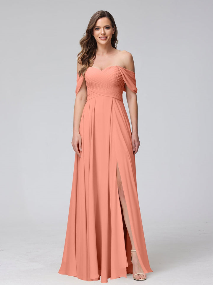 Ligne A/Princesse Hors de l'épaule Sans Manches La Longueur du Sol Bridemaid Robes avec Côté Divisé & Ruché