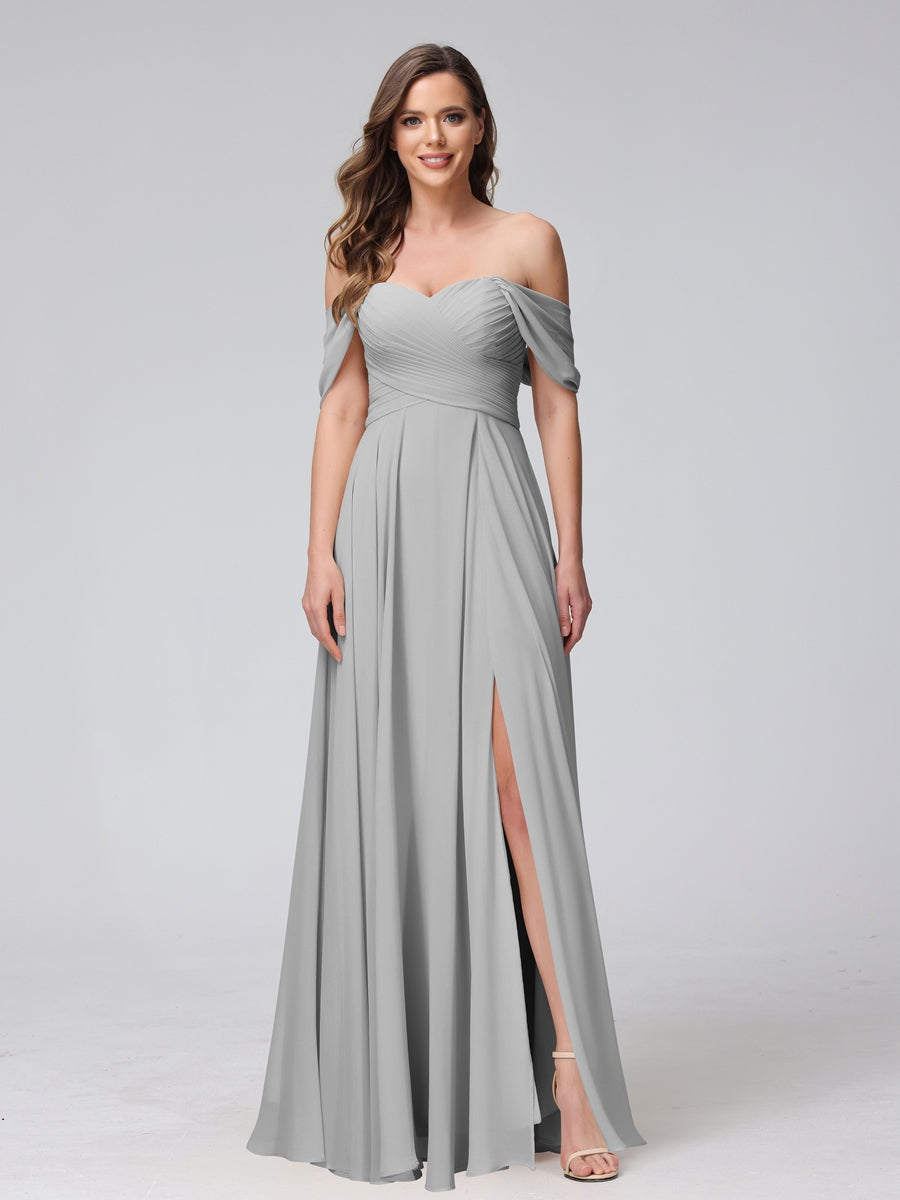 Ligne A/Princesse Hors de l'épaule Sans Manches La Longueur du Sol Bridemaid Robes avec Côté Divisé & Ruché