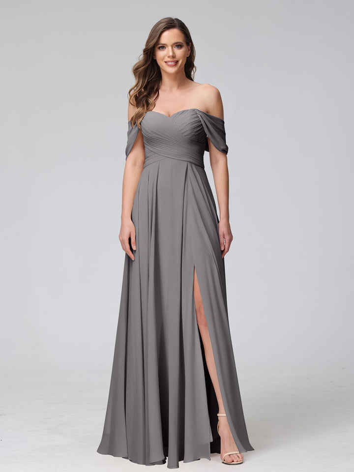 Ligne A/Princesse Hors de l'épaule Sans Manches La Longueur du Sol Bridemaid Robes avec Côté Divisé & Ruché