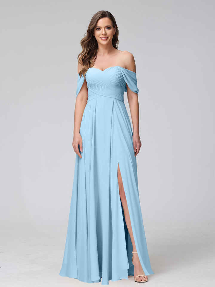 Ligne A/Princesse Hors de l'épaule Sans Manches La Longueur du Sol Bridemaid Robes avec Côté Divisé & Ruché