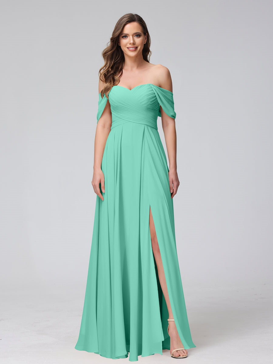 Ligne A/Princesse Hors de l'épaule Sans Manches La Longueur du Sol Bridemaid Robes avec Côté Divisé & Ruché