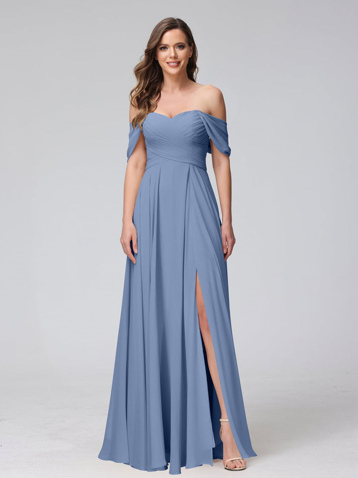 Ligne A/Princesse Hors de l'épaule Sans Manches La Longueur du Sol Bridemaid Robes avec Côté Divisé & Ruché