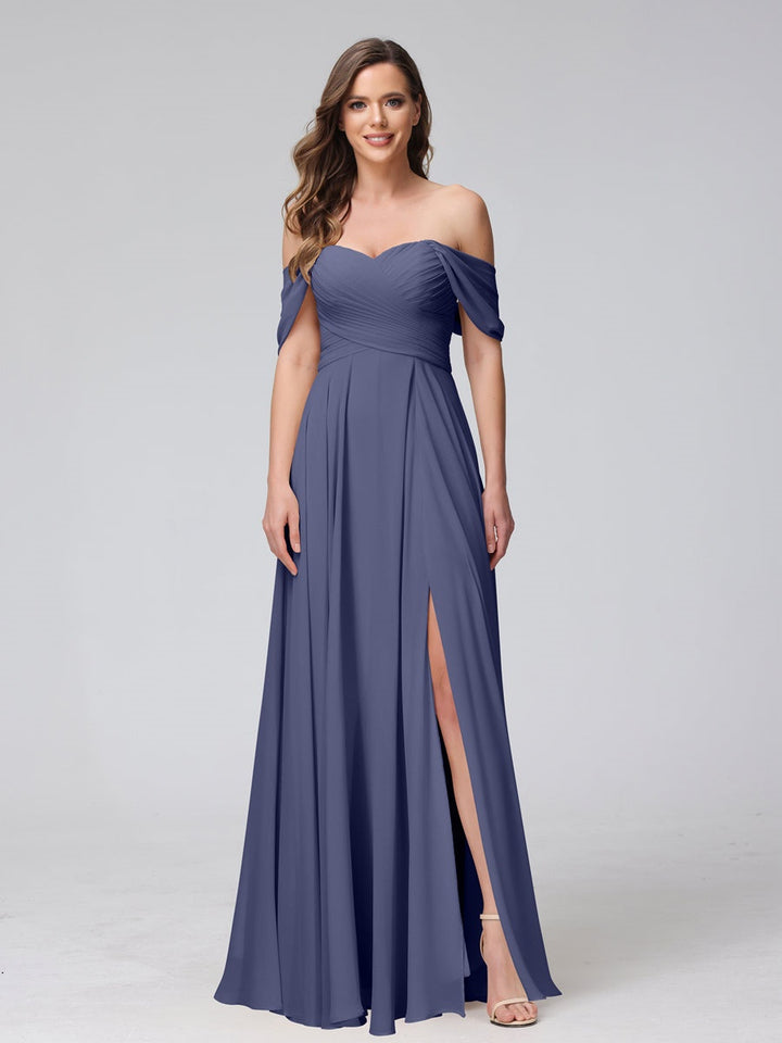 Ligne A/Princesse Hors de l'épaule Sans Manches La Longueur du Sol Bridemaid Robes avec Côté Divisé & Ruché