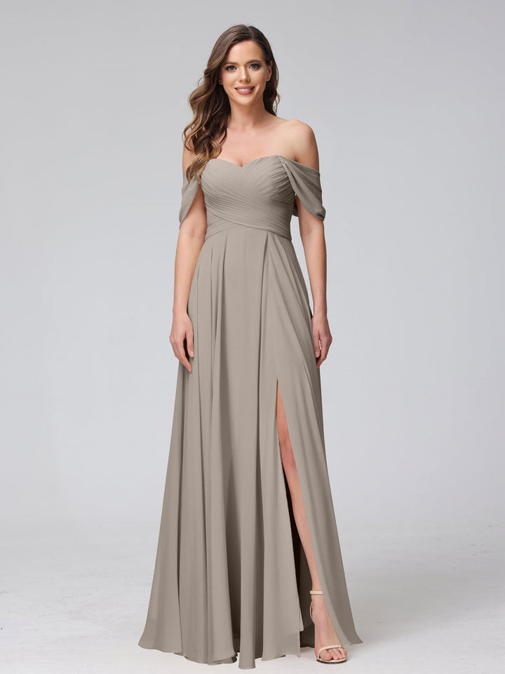 Ligne A/Princesse Hors de l'épaule Sans Manches La Longueur du Sol Bridemaid Robes avec Côté Divisé & Ruché