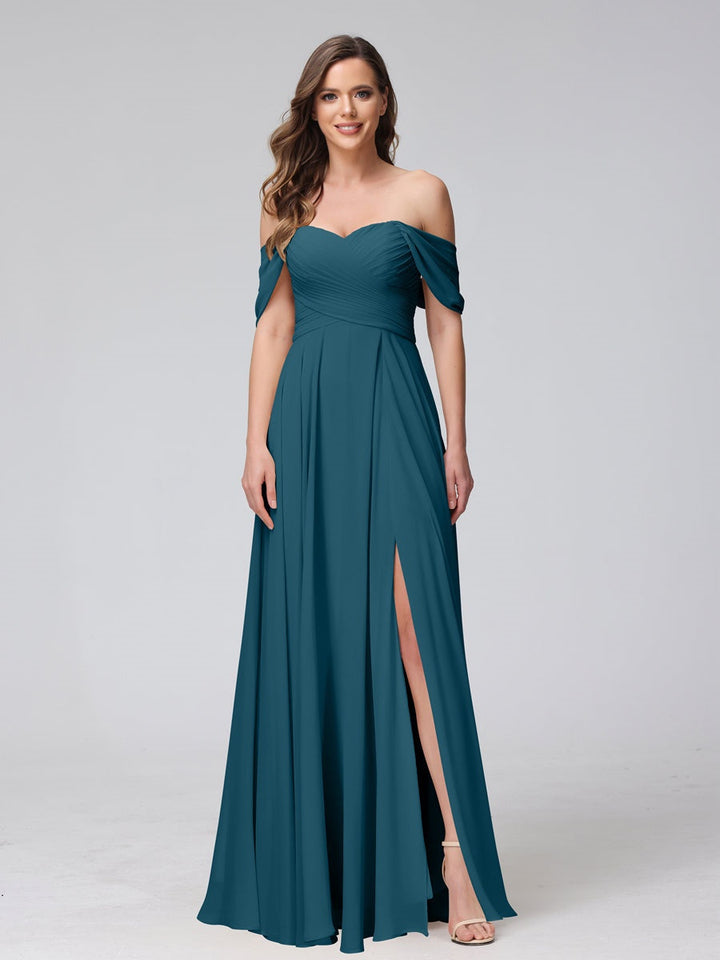 Ligne A/Princesse Hors de l'épaule Sans Manches La Longueur du Sol Bridemaid Robes avec Côté Divisé & Ruché