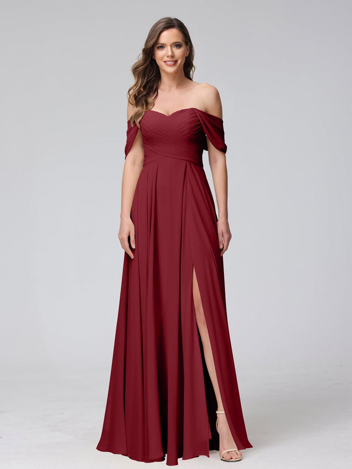 Ligne A/Princesse Hors de l'épaule Sans Manches La Longueur du Sol Bridemaid Robes avec Côté Divisé & Ruché