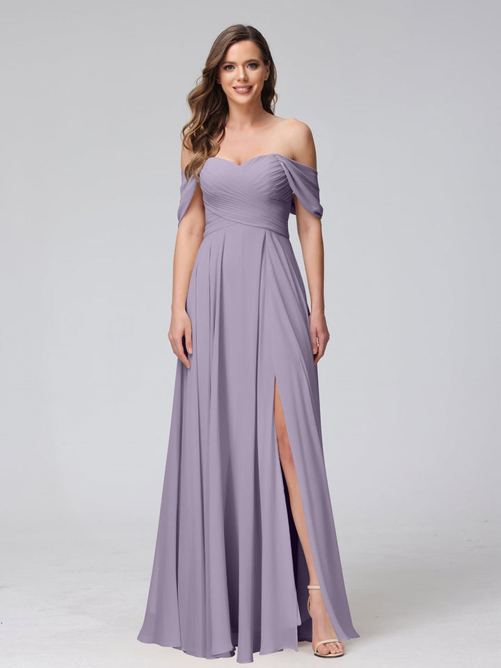 Ligne A/Princesse Hors de l'épaule Sans Manches La Longueur du Sol Bridemaid Robes avec Côté Divisé & Ruché