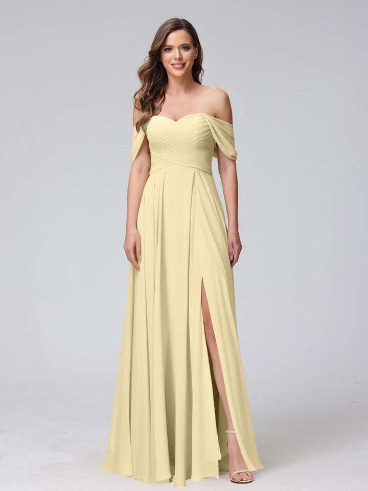 Ligne A/Princesse Hors de l'épaule Sans Manches La Longueur du Sol Bridemaid Robes avec Côté Divisé & Ruché