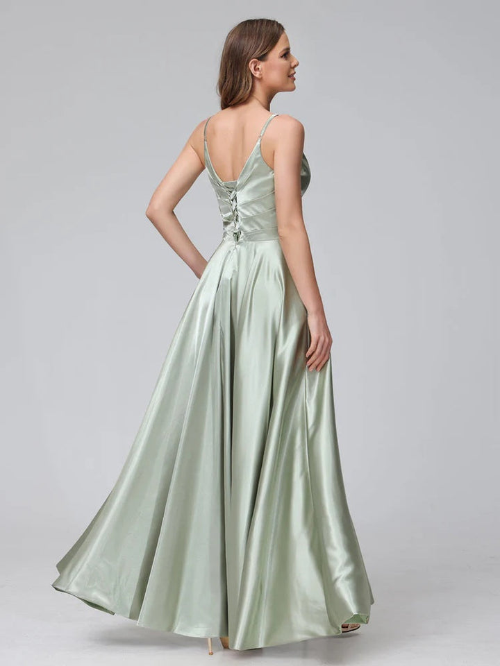 Ligne A/Princesse Col en V Sans Manches Longueur de La Cheville Satin de Soie Bridemaid Robes avec Poches & Côté Divisé