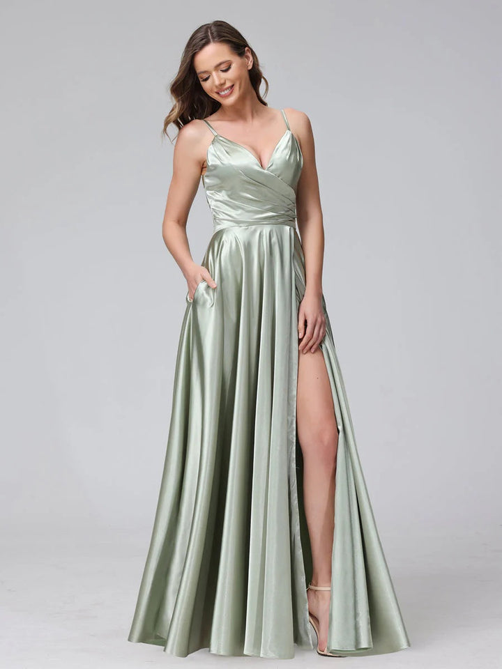 Ligne A/Princesse Col en V Sans Manches Longueur de La Cheville Satin de Soie Bridemaid Robes avec Poches & Côté Divisé