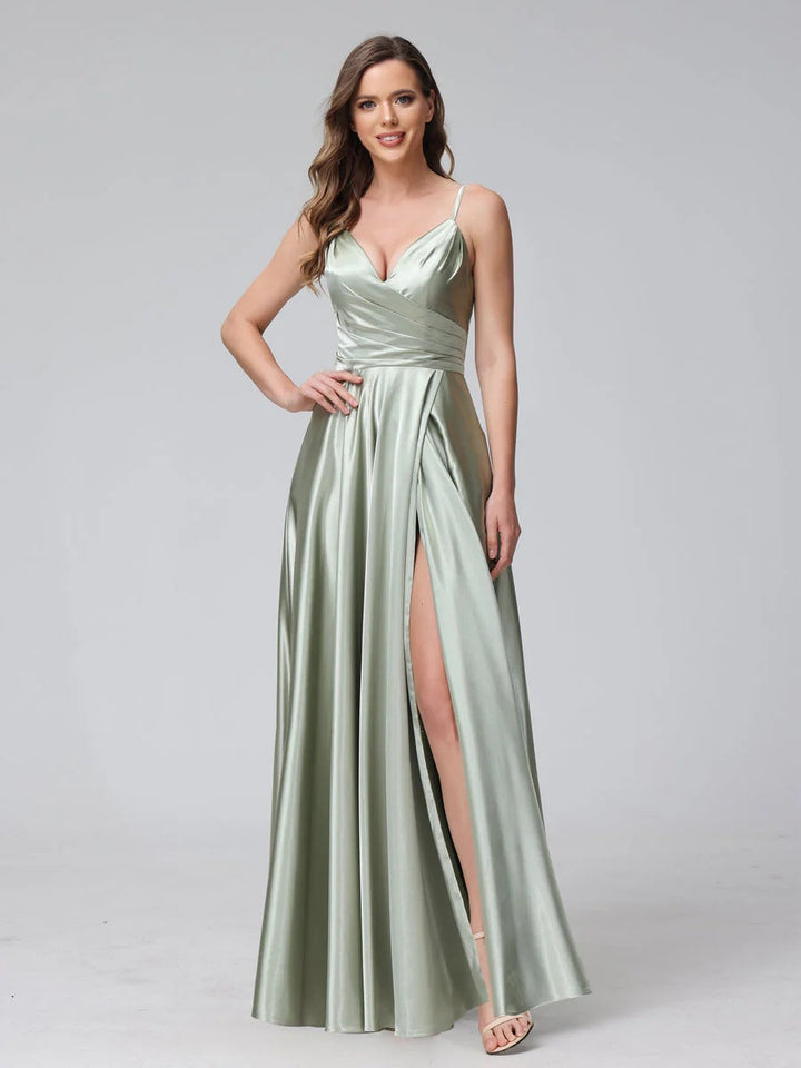 Ligne A/Princesse Col en V Sans Manches Longueur de La Cheville Satin de Soie Bridemaid Robes avec Poches & Côté Divisé