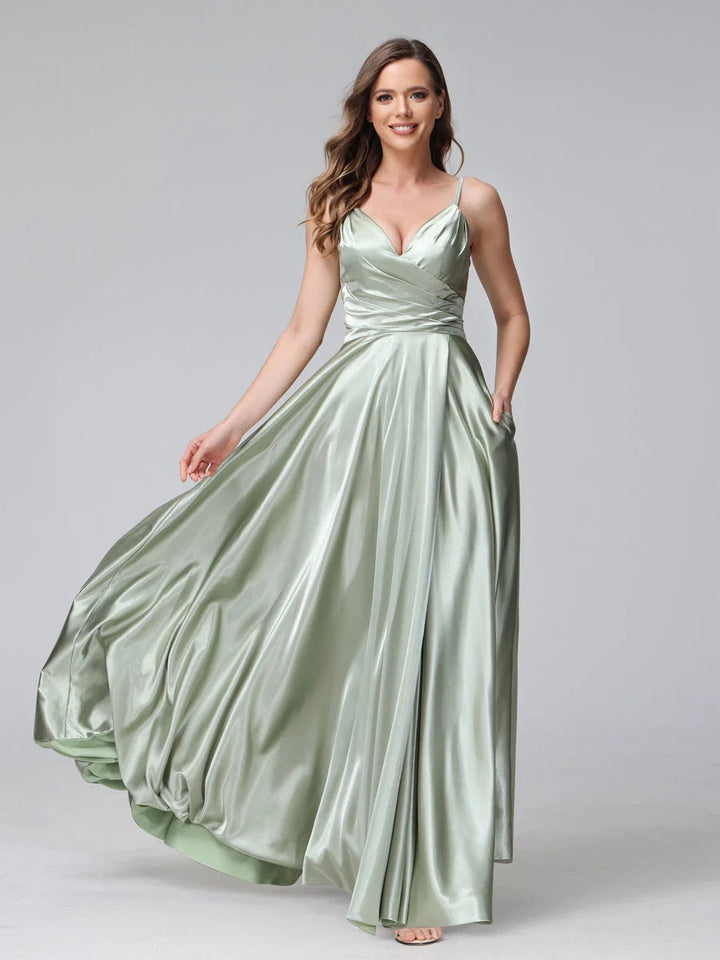 Ligne A/Princesse Col en V Sans Manches Longueur de La Cheville Satin de Soie Bridemaid Robes avec Poches & Côté Divisé