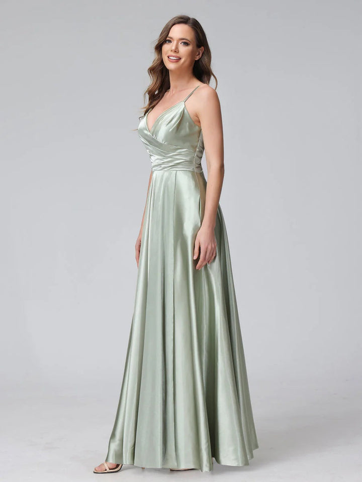 Ligne A/Princesse Col en V Sans Manches Longueur de La Cheville Satin de Soie Bridemaid Robes avec Poches & Côté Divisé