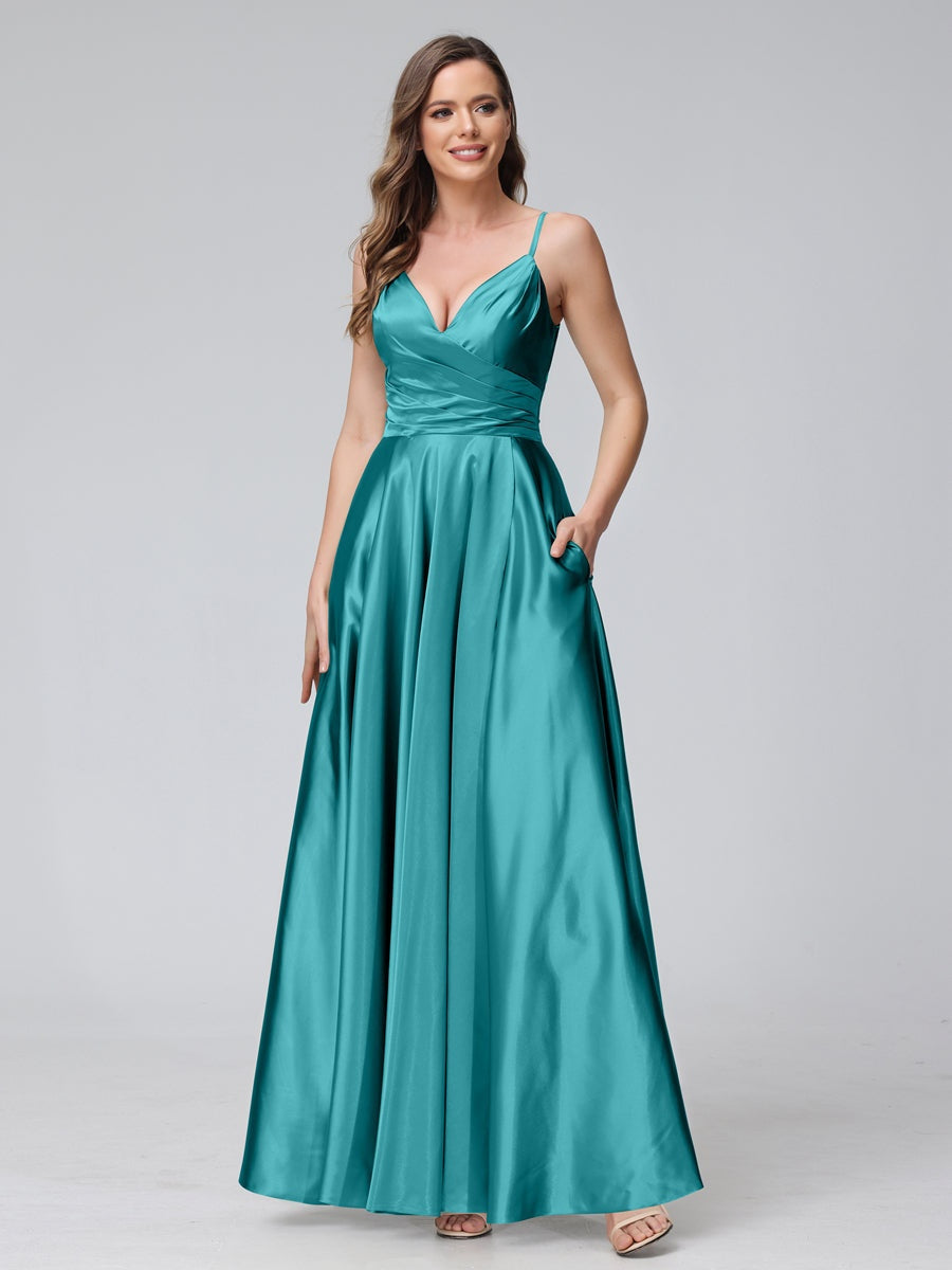 Ligne A/Princesse Col en V Sans Manches Longueur de La Cheville Satin de Soie Bridemaid Robes avec Poches & Côté Divisé