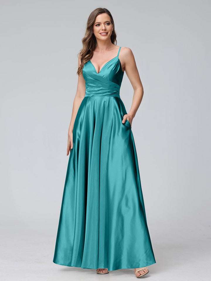 Ligne A/Princesse Col en V Sans Manches Longueur de La Cheville Satin de Soie Bridemaid Robes avec Poches & Côté Divisé