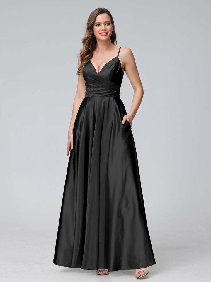 Ligne A/Princesse Col en V Sans Manches Longueur de La Cheville Satin de Soie Bridemaid Robes avec Poches & Côté Divisé