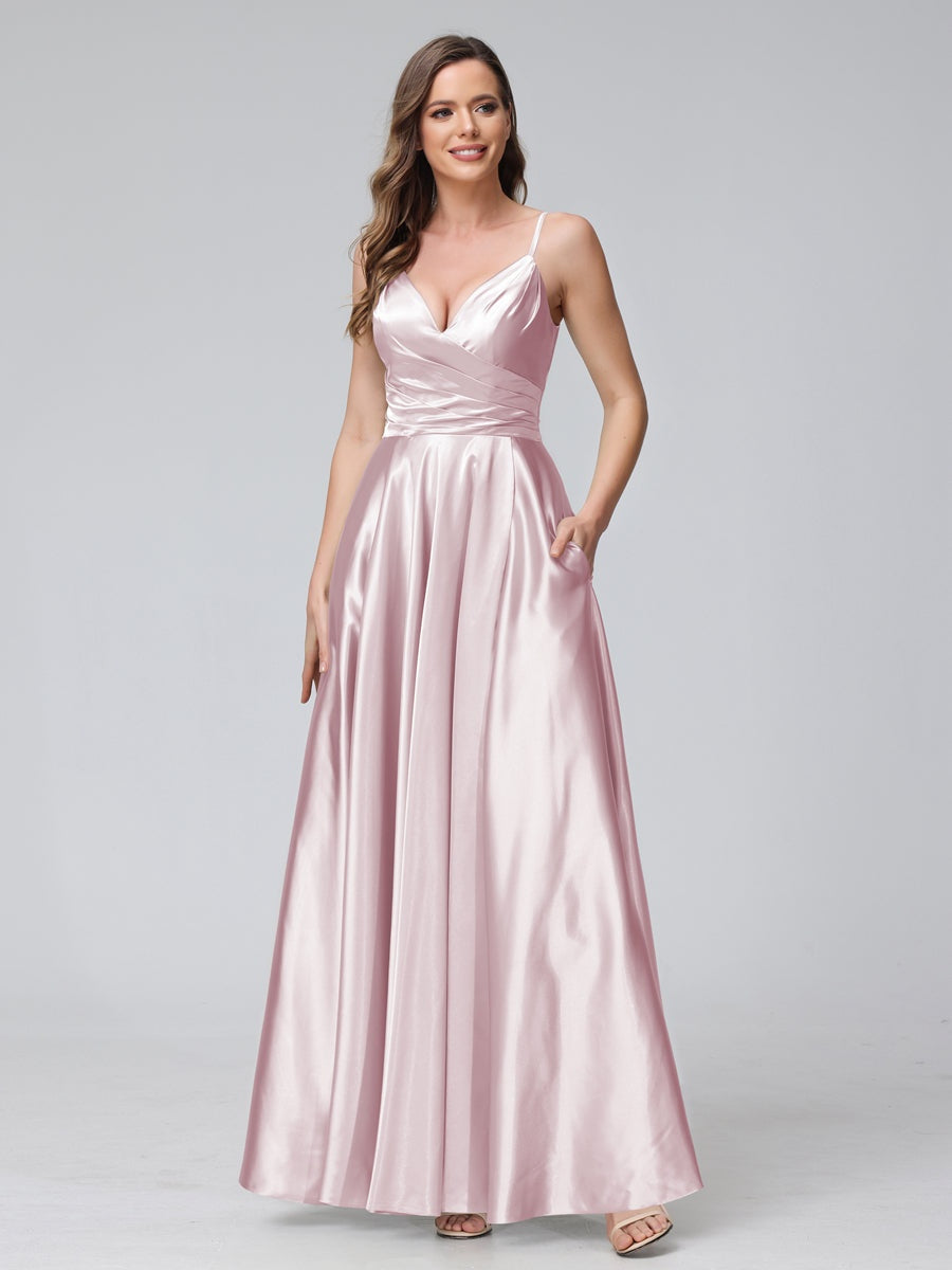 Ligne A/Princesse Col en V Sans Manches Longueur de La Cheville Satin de Soie Bridemaid Robes avec Poches & Côté Divisé