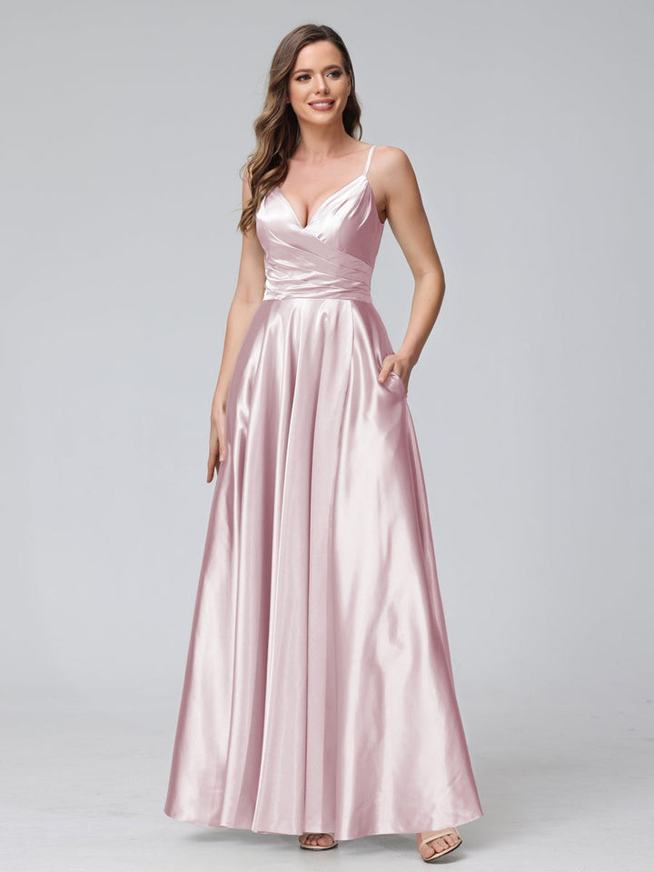 Ligne A/Princesse Col en V Sans Manches Longueur de La Cheville Satin de Soie Bridemaid Robes avec Poches & Côté Divisé