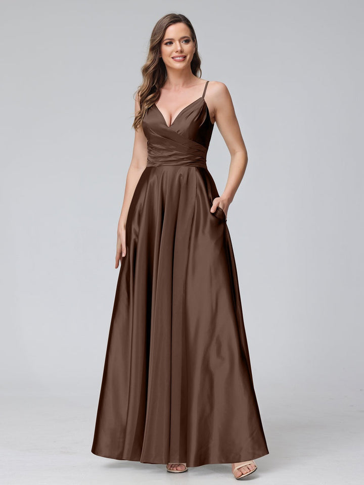 Ligne A/Princesse Col en V Sans Manches Longueur de La Cheville Satin de Soie Bridemaid Robes avec Poches & Côté Divisé