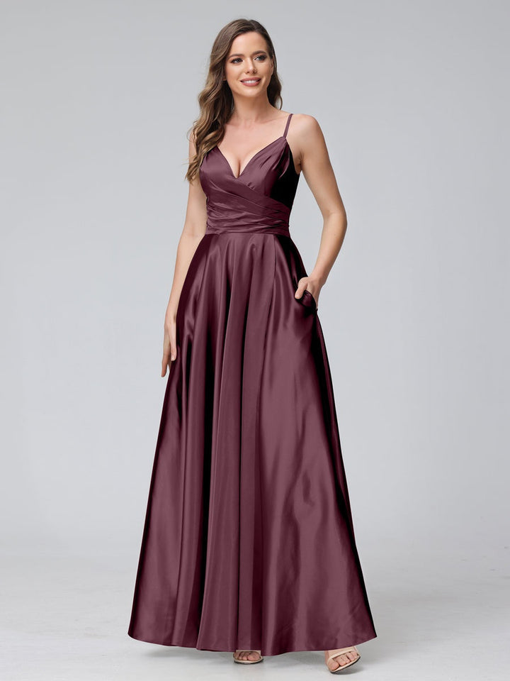 Ligne A/Princesse Col en V Sans Manches Longueur de La Cheville Satin de Soie Bridemaid Robes avec Poches & Côté Divisé
