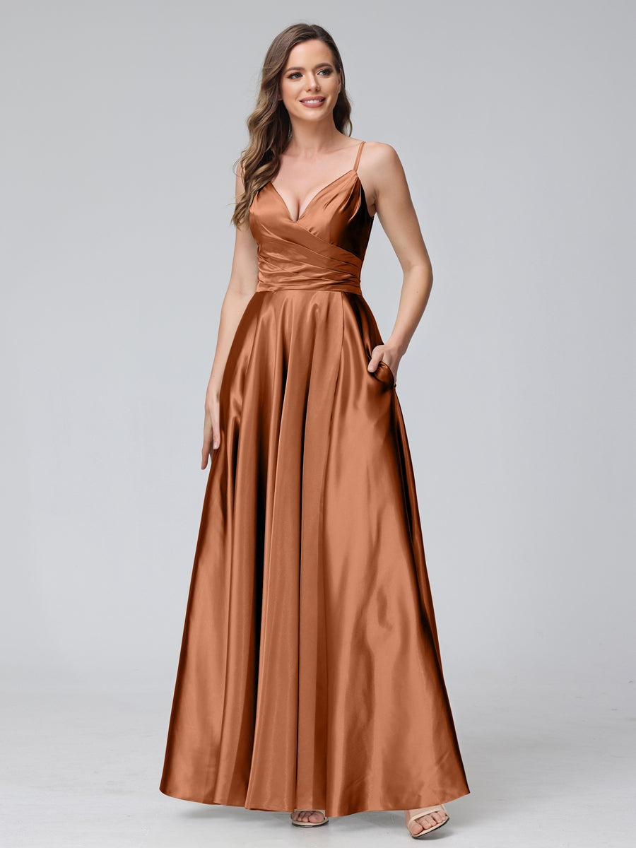 Ligne A/Princesse Col en V Sans Manches Longueur de La Cheville Satin de Soie Bridemaid Robes avec Poches & Côté Divisé