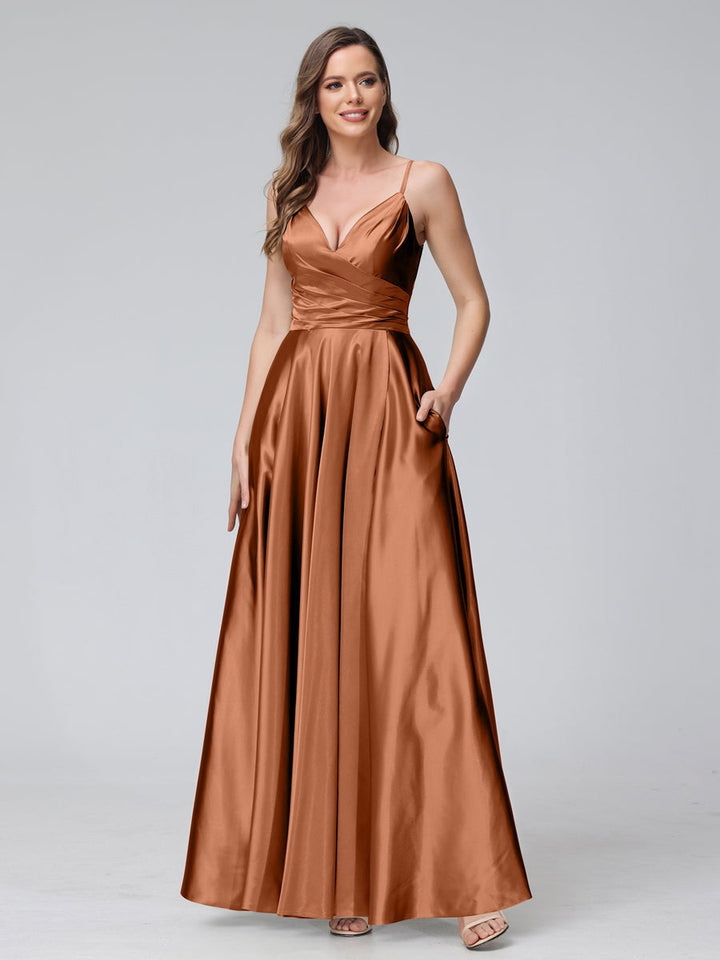 Ligne A/Princesse Col en V Sans Manches Longueur de La Cheville Satin de Soie Bridemaid Robes avec Poches & Côté Divisé