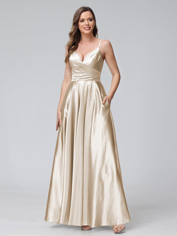 Ligne A/Princesse Col en V Sans Manches Longueur de La Cheville Satin de Soie Bridemaid Robes avec Poches & Côté Divisé