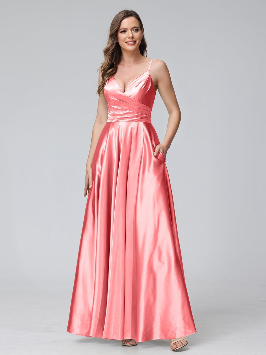 Ligne A/Princesse Col en V Sans Manches Longueur de La Cheville Satin de Soie Bridemaid Robes avec Poches & Côté Divisé