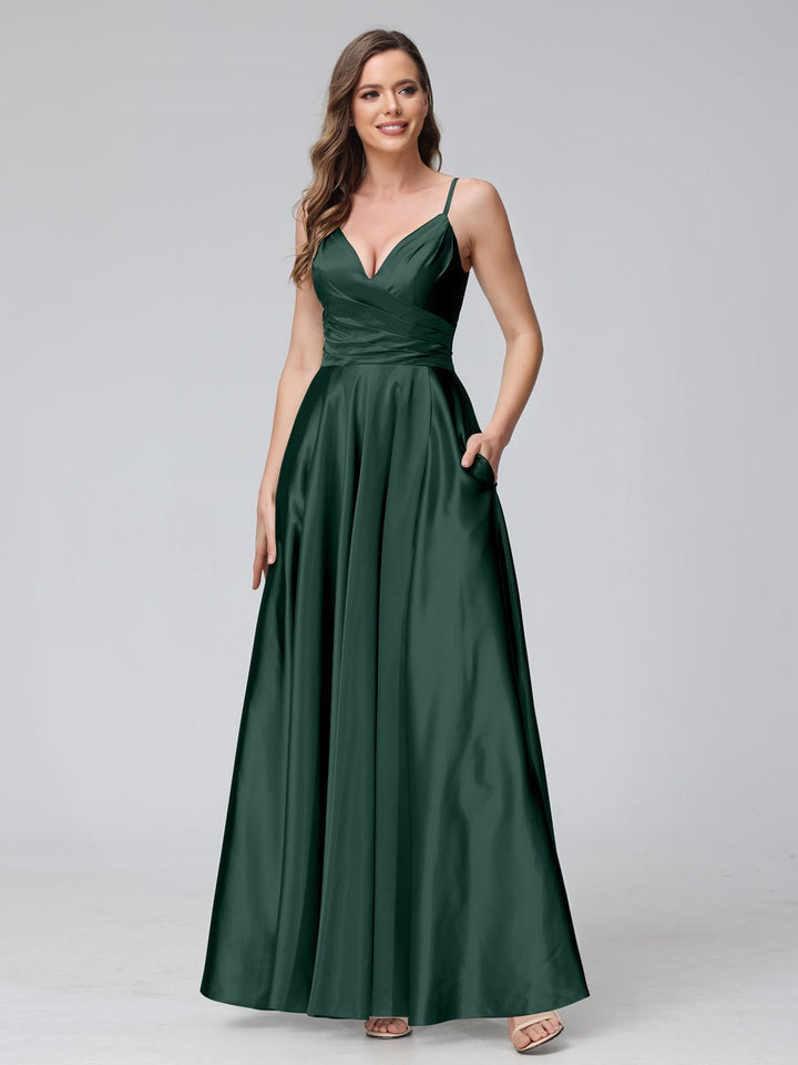 Ligne A/Princesse Col en V Sans Manches Longueur de La Cheville Satin de Soie Bridemaid Robes avec Poches & Côté Divisé