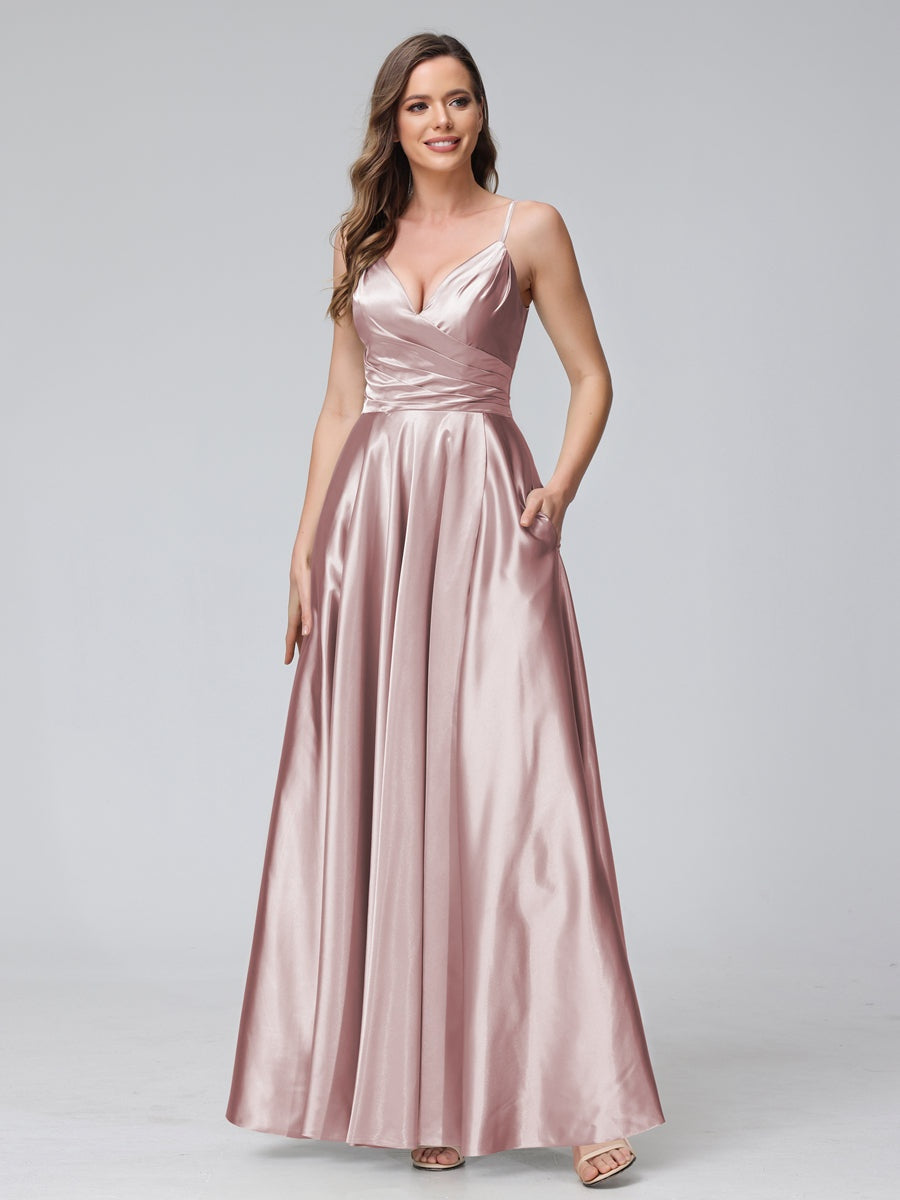 Ligne A/Princesse Col en V Sans Manches Longueur de La Cheville Satin de Soie Bridemaid Robes avec Poches & Côté Divisé